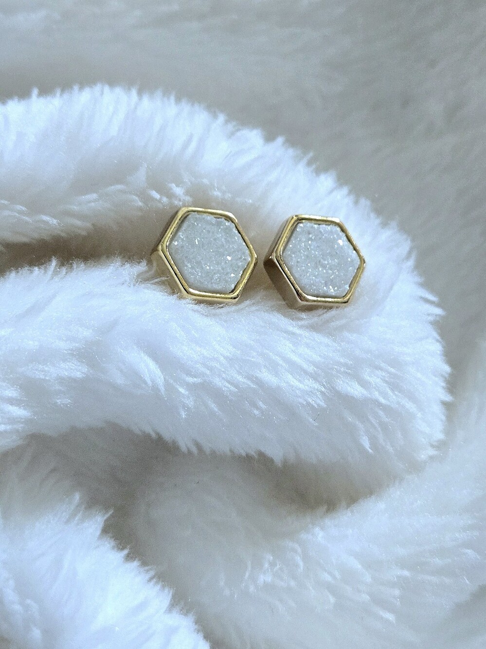 Luna🌙 Norte White Druzy Quartz Hexagon Earrings - Picture 13 of 16